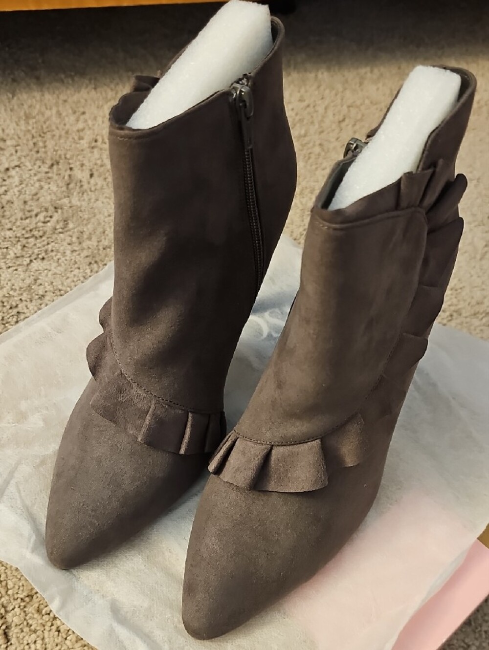 Journee Collection Gray Suede Pointed-Toe Ruffle Ankle Booties - Picture 2 of 10